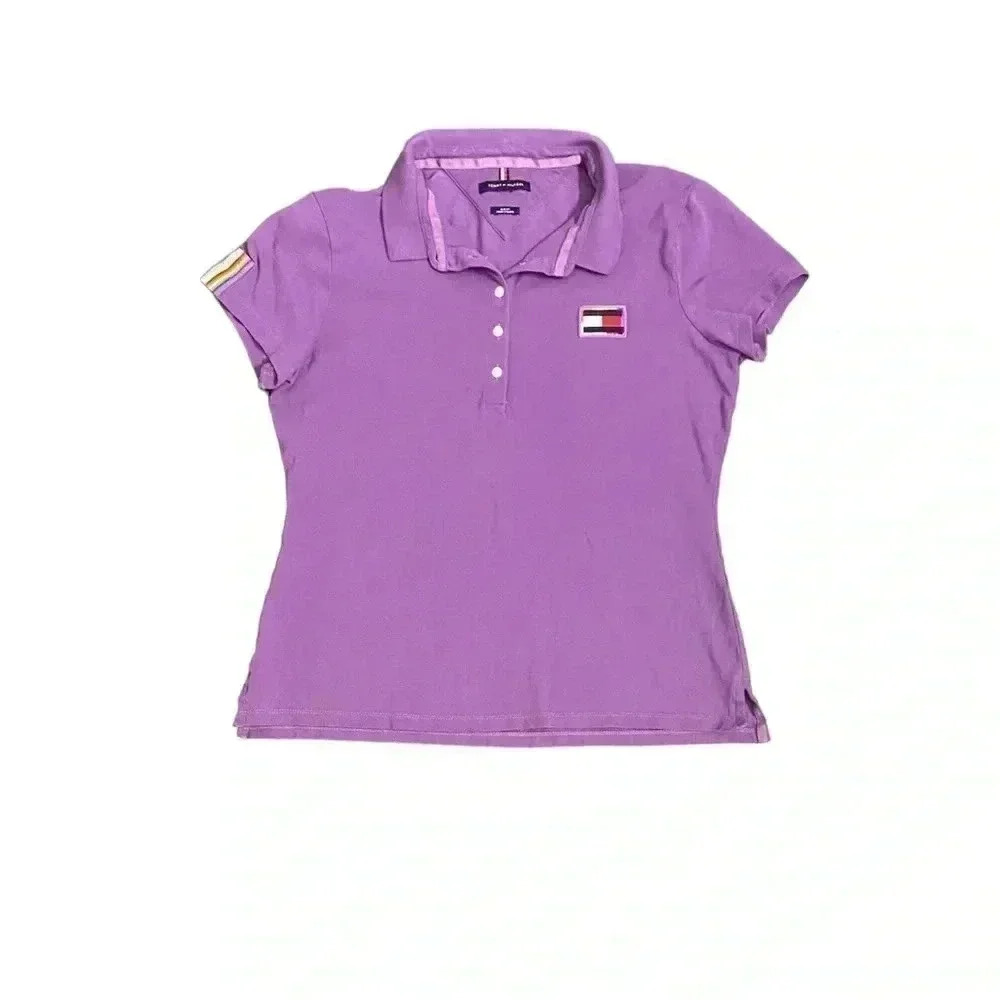 Tommy Hilfiger Women M Slim Fit Stretch Pride Flag Polo Short Sleeve Purple Y2K